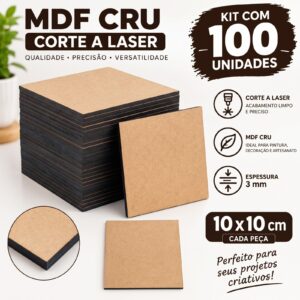 Kit Com 100 Quadrados 10 Cm Mdf Crú Aplique