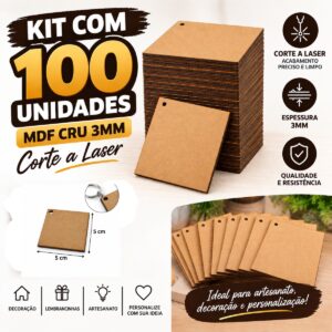 Kit 100 Quadrados 5 Cm Mdf Crú Aplique com furo